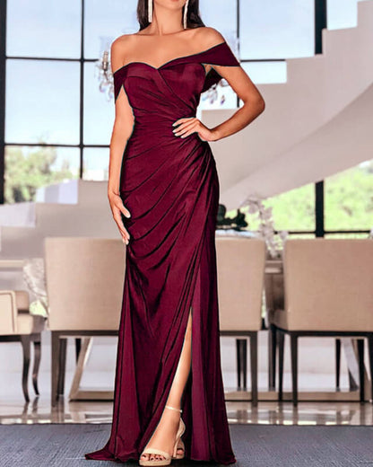 Off The Shoulder Slit Satin Gown