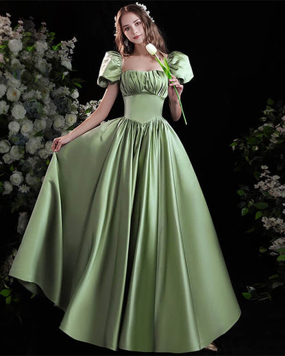 Light Green Satin Formal Dress With Sleeves