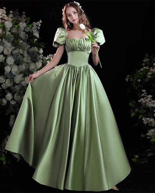 Light Green Satin Formal Dress With Sleeves
