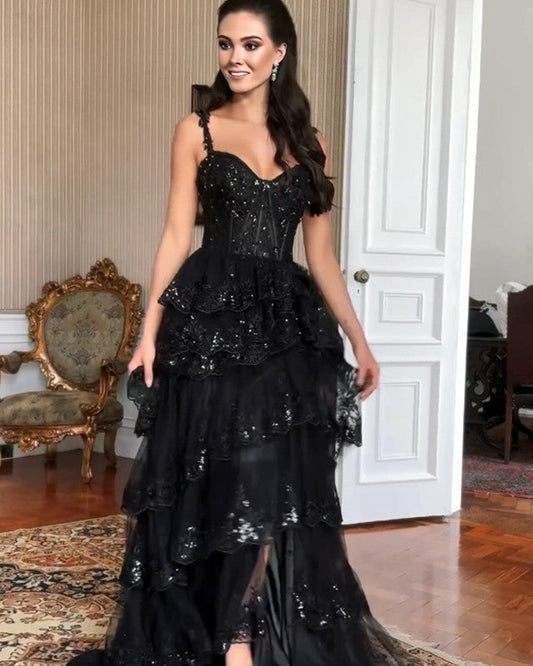 Long Black Layered Lace Corset Dress