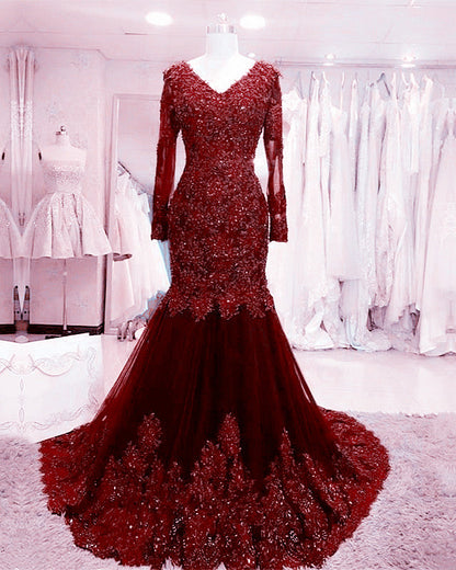 Long Sleeves V-neck Lace Prom Mermaid Dresses