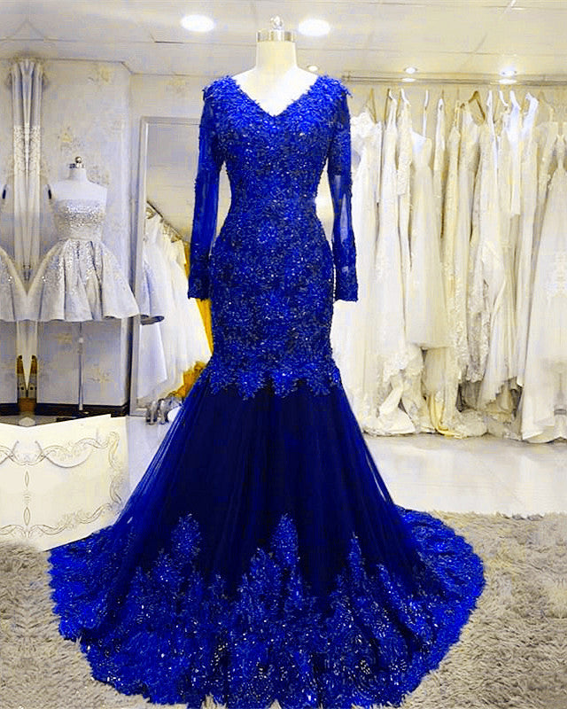 Long Sleeves V-neck Lace Prom Mermaid Dresses