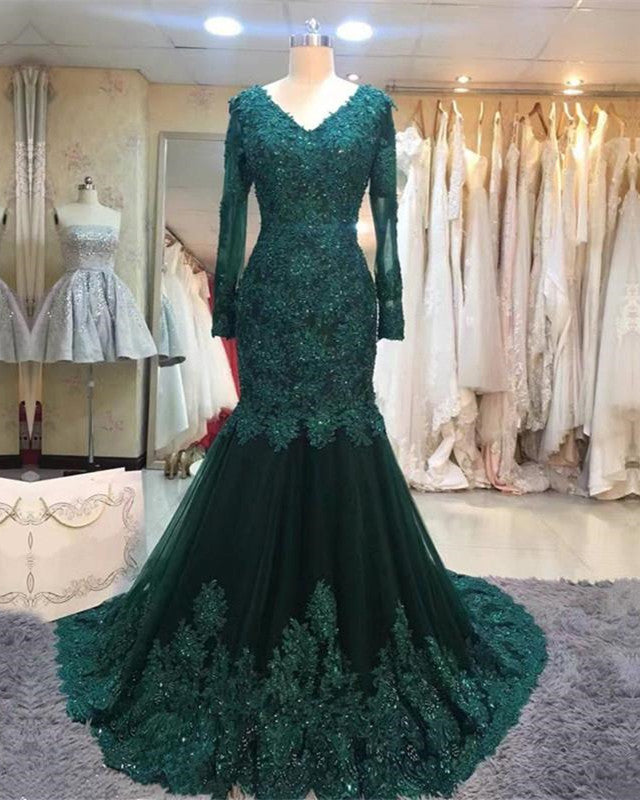 Long Sleeves V-neck Lace Prom Mermaid Dresses