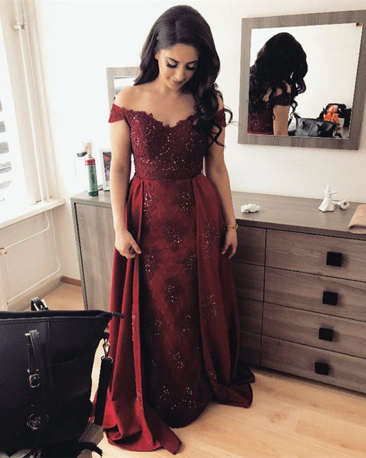 Lace Mermaid Off Shoulder Dresses With Detachable Skirt