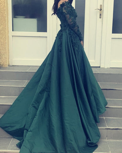 A-line /Princess Long Sleeves Prom Dresses Lace Beaded Off The Shoulder