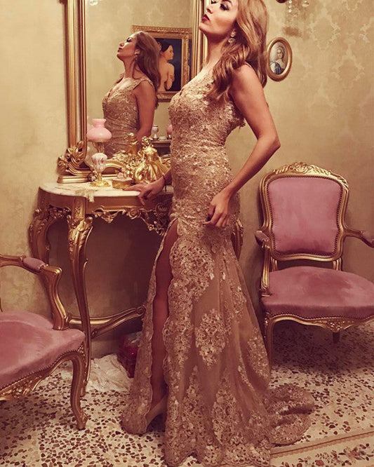 Lace Mermaid Prom Dresses V Neck Open Back Leg Slit