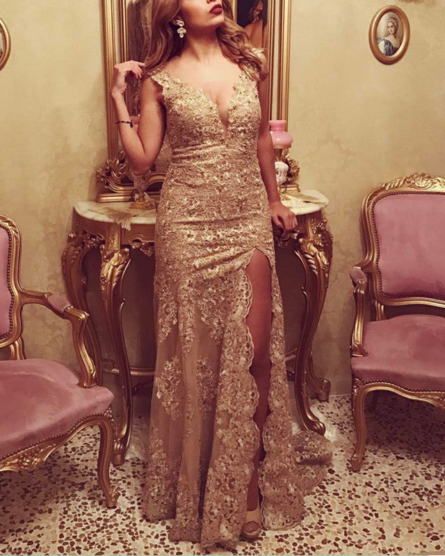 Lace Mermaid Prom Dresses V Neck Open Back Leg Slit