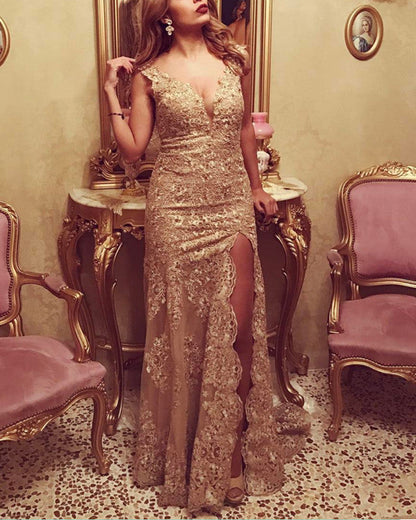 Lace Mermaid Prom Dresses V Neck Open Back Leg Slit