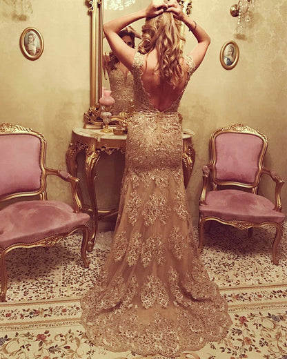 Lace Mermaid Prom Dresses V Neck Open Back Leg Slit