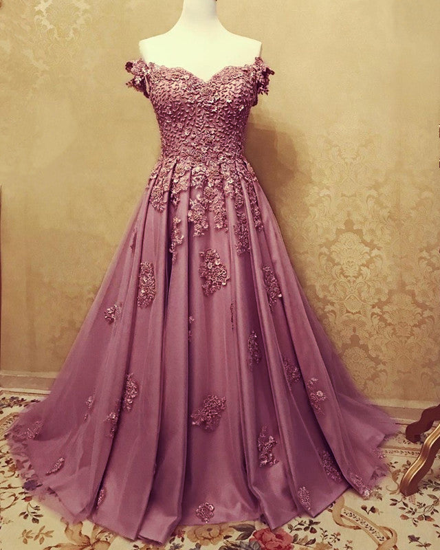 A-line /Princess Prom Dresses Tulle Off The Shoulder Lace Embroidery