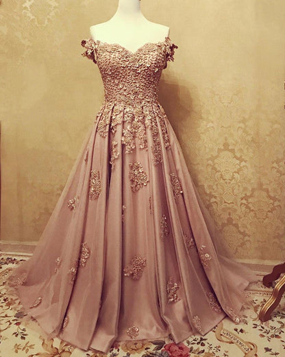A-line /Princess Prom Dresses Tulle Off The Shoulder Lace Embroidery