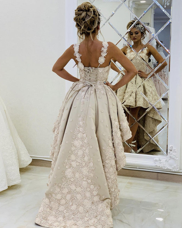 High Low Prom Dresses 3D Flowers Sweetheart Spaghetti Straps