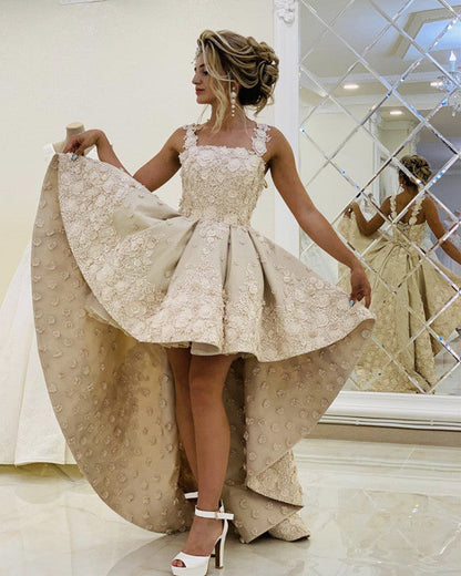 High Low Prom Dresses 3D Flowers Sweetheart Spaghetti Straps