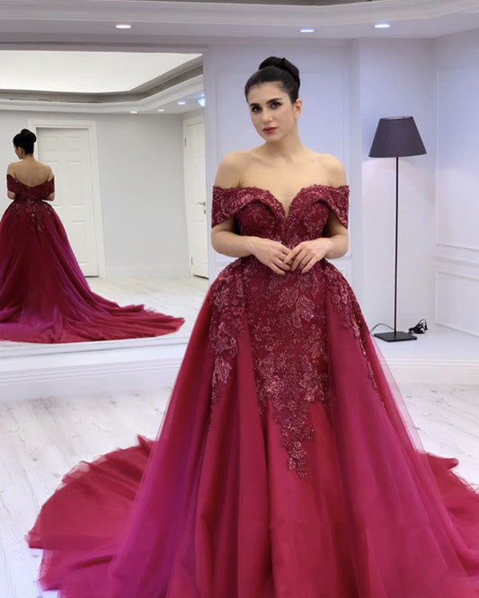 Mermaid Off The Shoulder Prom Dresses Tulle Embroidery Court Train