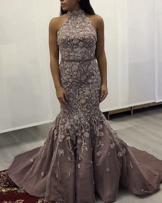 Lace Embroidery Mermaid Prom Dresses Halter Evening Gown