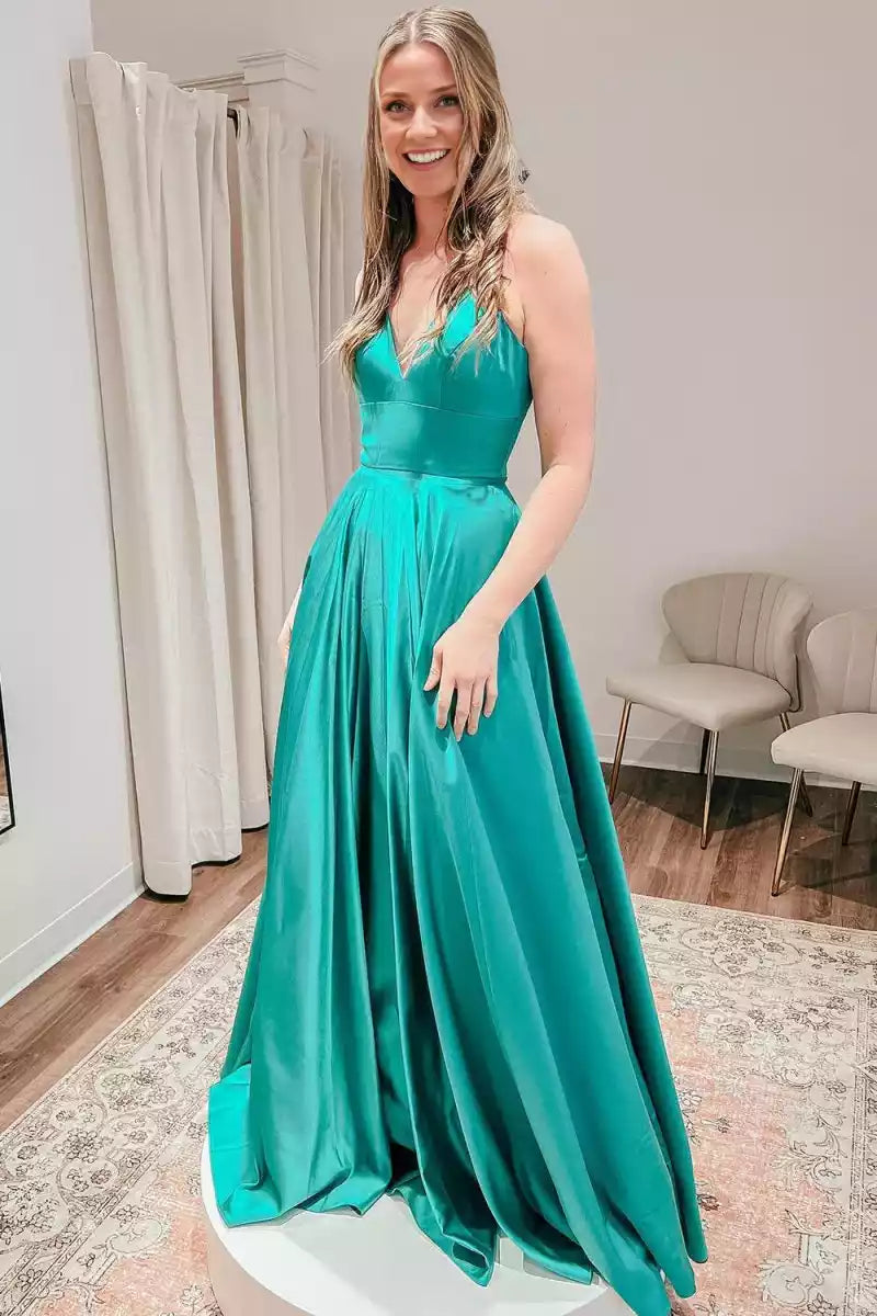 Prom Dresses with A-line satin thin shoulder straps and V-neck sleeveless slit lace up back that attracts attention