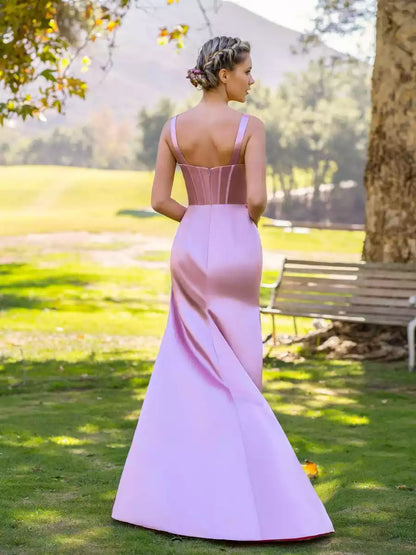 Prom Dresses with eye-catching V-neck satin and floor tight slit zipper back