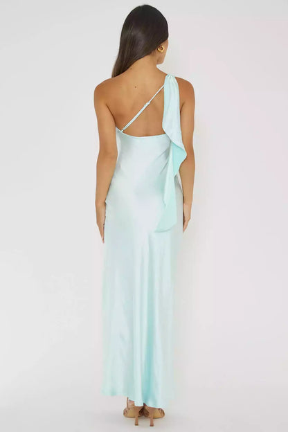 Prom Dresses with eye-catching satin, extra long adjustable single shoulder strap and ruffle details