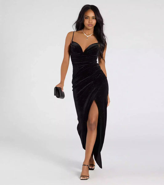 Prom Dresses with eye-catching sparkling velvet pleats, V-neck, thin shoulder straps, high front slit, tight silhouette and floor