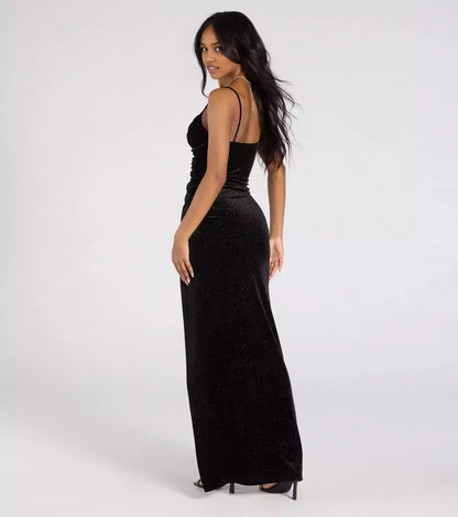 Prom Dresses with eye-catching sparkling velvet pleats, V-neck, thin shoulder straps, high front slit, tight silhouette and floor