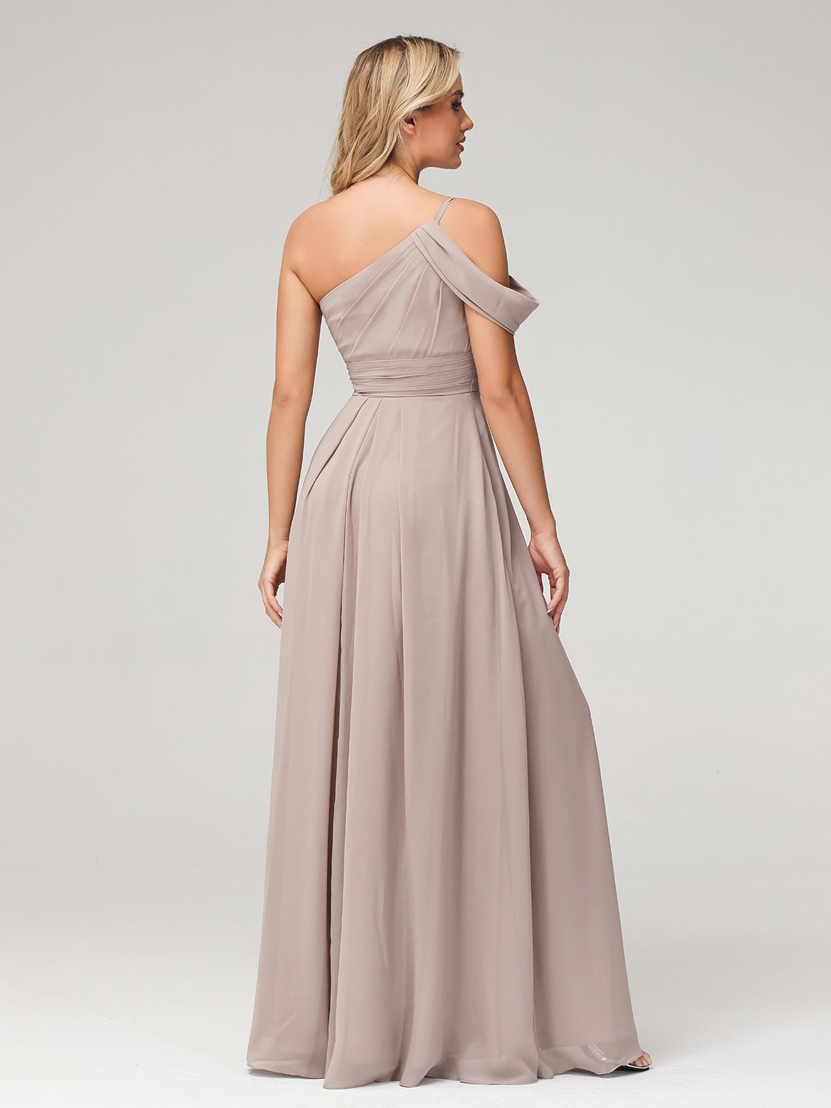 One Shoulder Chiffon Long Bridesmaid Gowns-Taupe