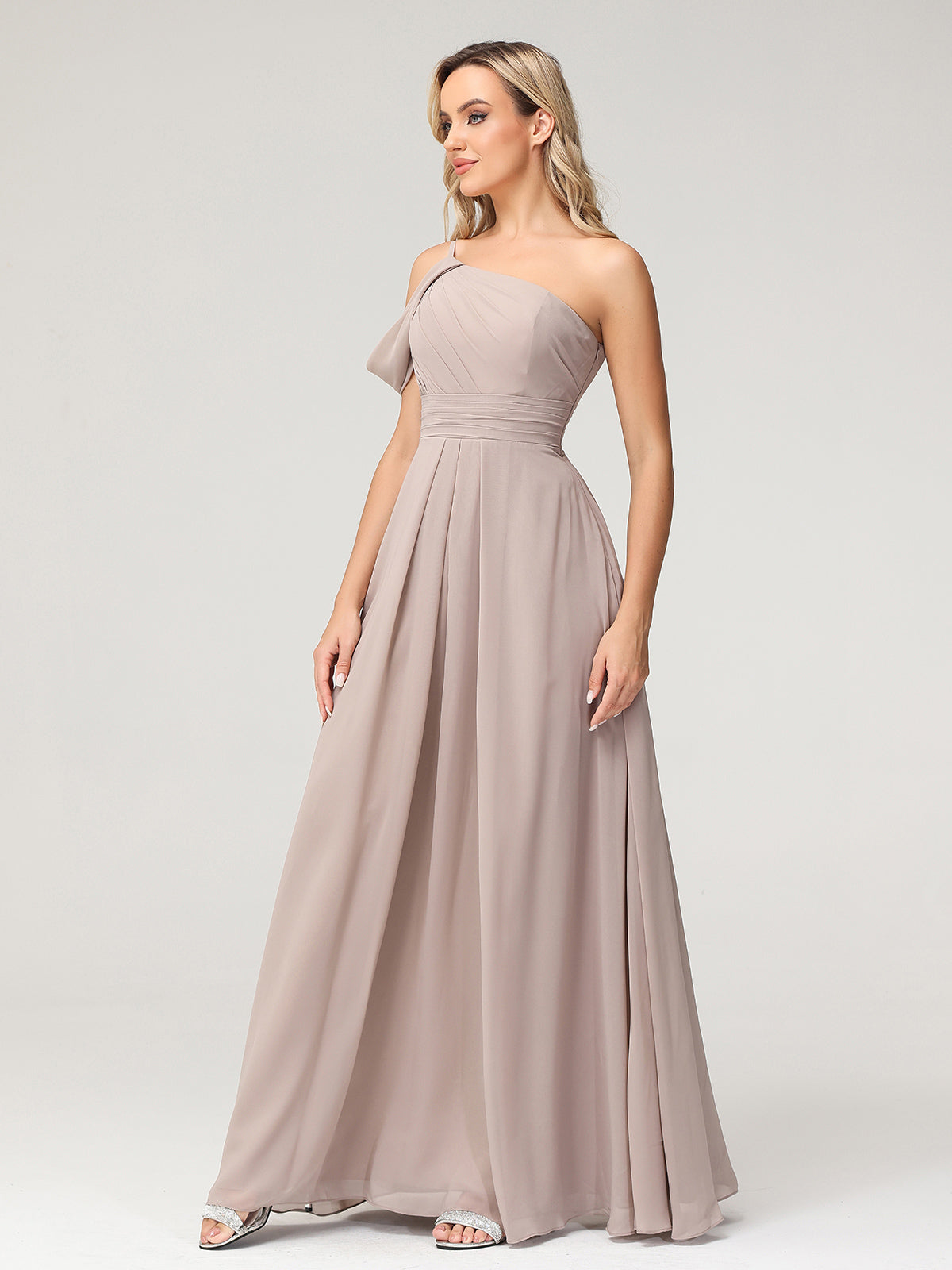One Shoulder Chiffon Long Bridesmaid Gowns-Taupe
