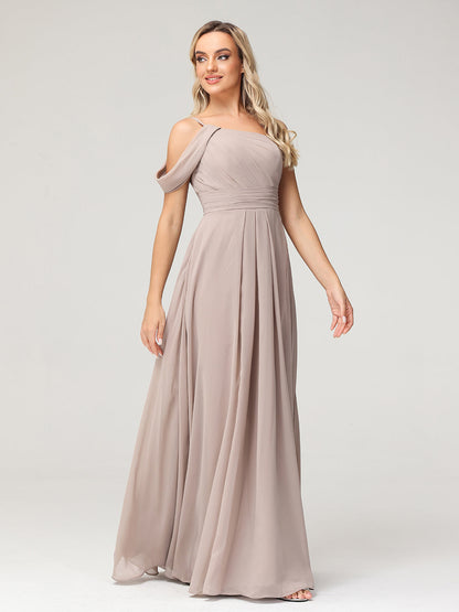 One Shoulder Chiffon Long Bridesmaid Gowns-Taupe