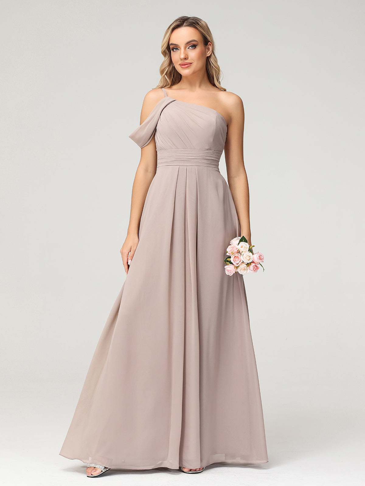 One Shoulder Chiffon Long Bridesmaid Gowns-Taupe