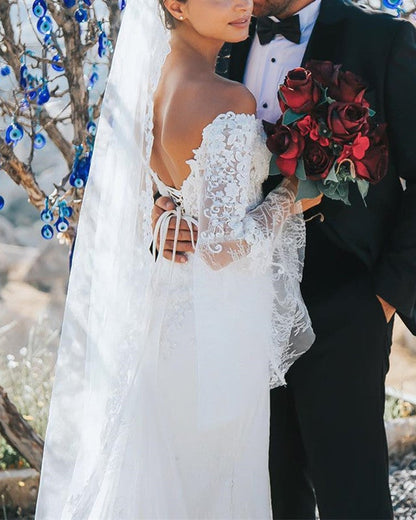 Puffy Sleeves Lace Mermaid Cottagecore Wedding Dress