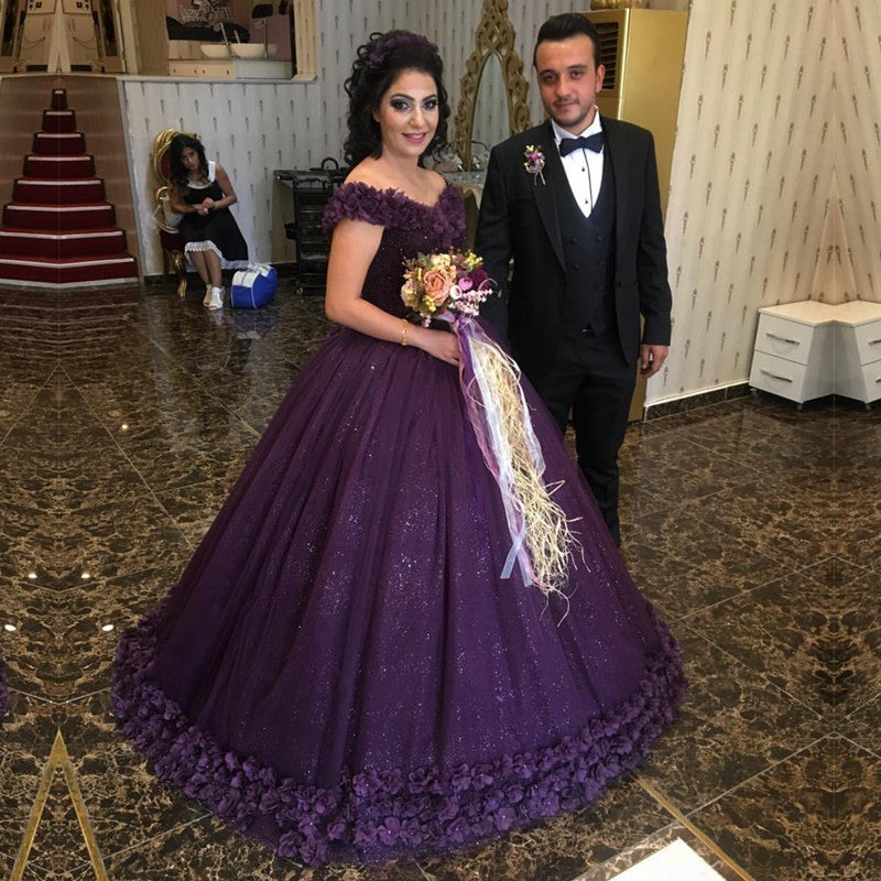 Purple Flower Wedding Dresses Ball Gown V-Neck Off The Shoulder