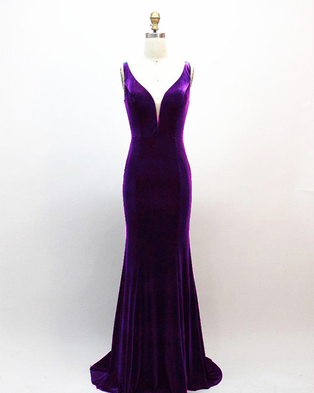 Mermaid Velvet Bridesmaid Dresses Plunge Neck