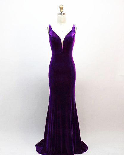 Mermaid Velvet Bridesmaid Dresses Plunge Neck
