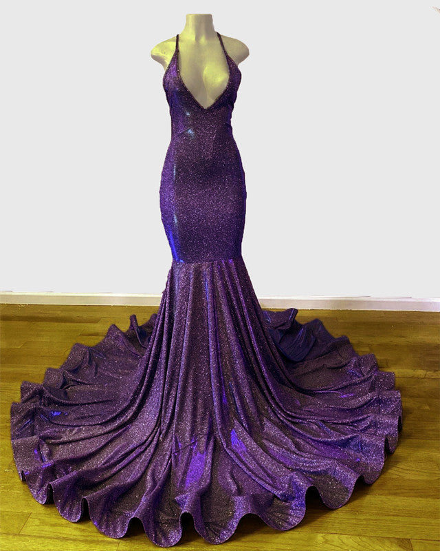 Iridescent Prom Dress Mermaid V-neck Open Back