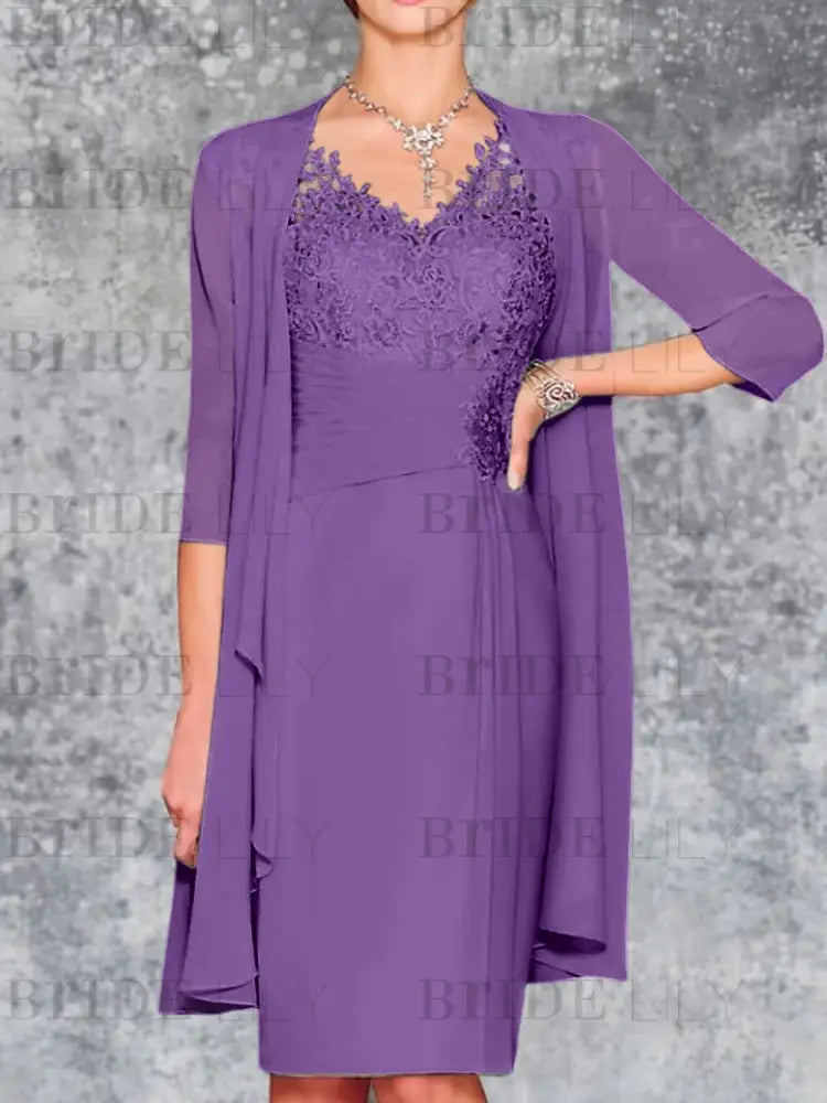 Two Piece Ruffle Chiffon Mother of the Bride Outfit Lace Short Wedding Guest Dress