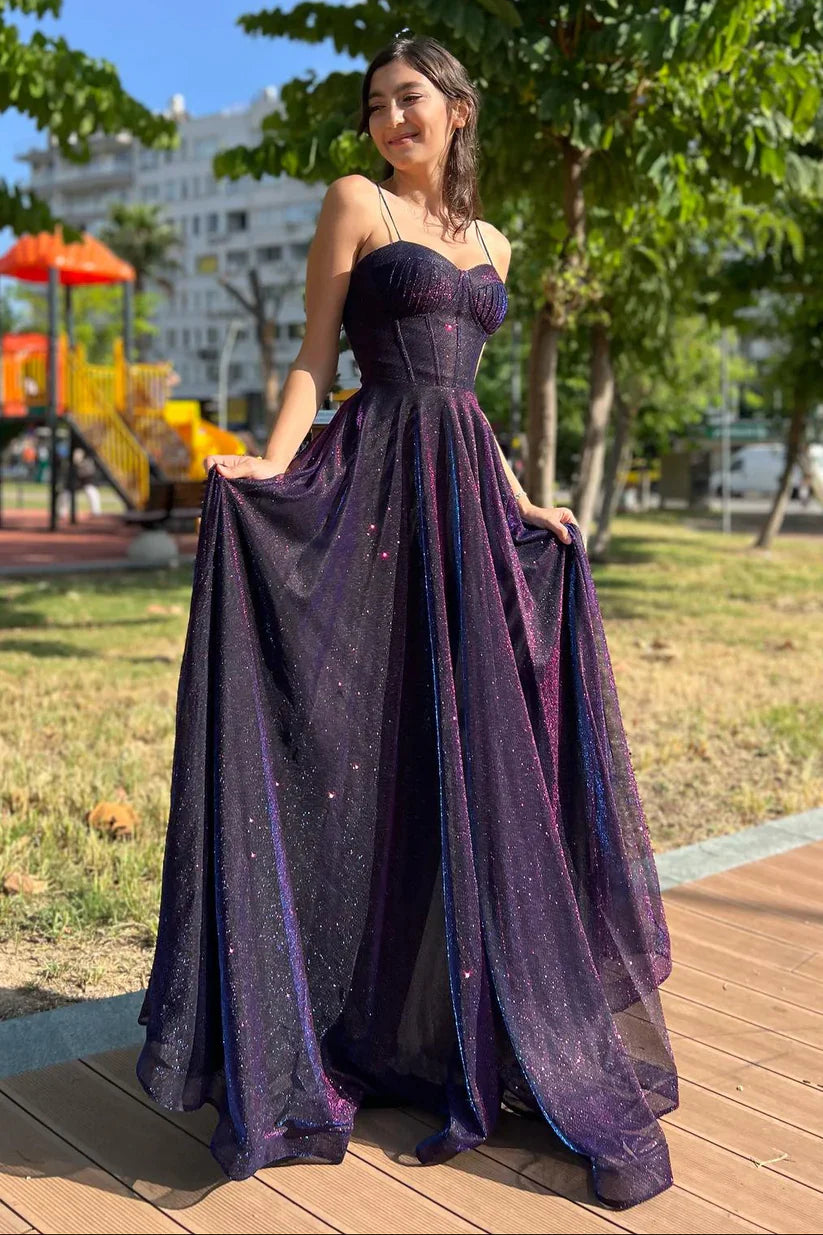 Purple Ombre Sequin Prom Dresses with Spaghetti Strap and A-Line Skirt