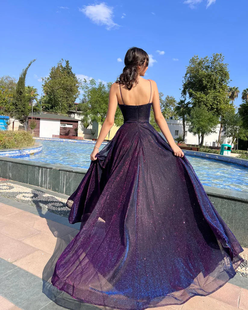Purple Ombre Sequin Prom Dresses with Spaghetti Strap and A-Line Skirt