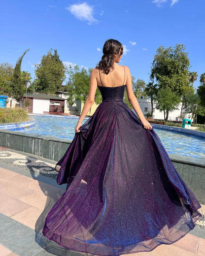 Purple Ombre Sequin Prom Dresses with Spaghetti Strap and A-Line Skirt