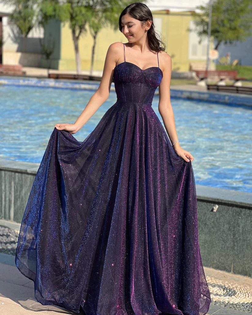 Purple Ombre Sequin Prom Dresses with Spaghetti Strap and A-Line Skirt