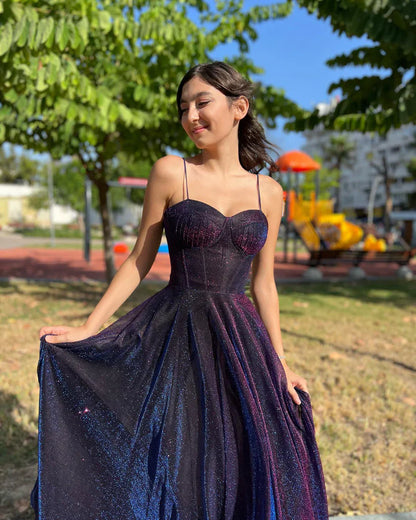 Purple Ombre Sequin Prom Dresses with Spaghetti Strap and A-Line Skirt