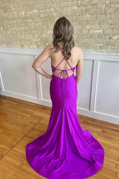 Purple Spaghetti Strap Ruched Mermaid Dress with Slit