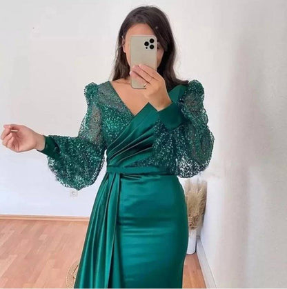 Teal Evening Dresses A-line V-neck Long Sleeves Satin Sequins Long Turkey Dubai Saudi Arabic Evening Gown Prom Dresses - RongMoon