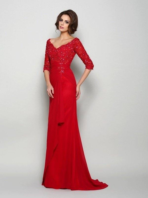 A-Line/Princess V-neck Beading 1/2 Sleeves Applique Long Chiffon Mother of the Bride Dresses - RongMoon