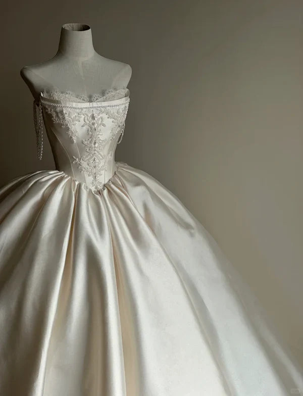 Girlhomeshops-White satin long elegant tulle wedding prom dress gh5435