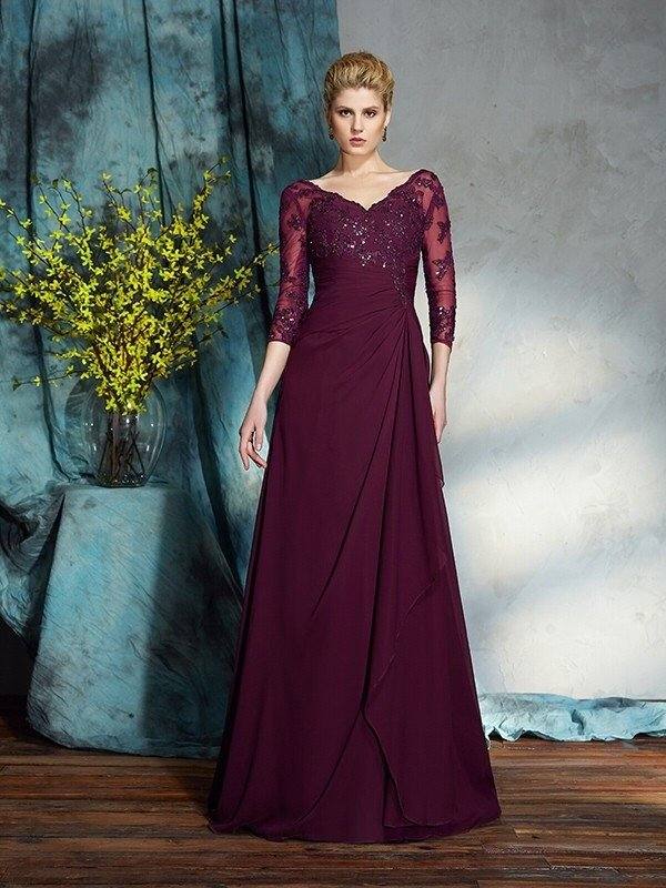A-Line/Princess V-neck Beading 3/4 Sleeves Long Chiffon Mother of the Bride Dresses - RongMoon