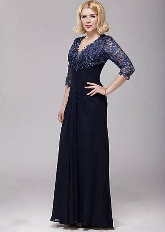 Navy Blue Mother Of The Bride Dresses A-line V-neck 3/4 Sleeves Chiffon Lace Beaded Groom Long Mother Dresses For Wedding - RongMoon