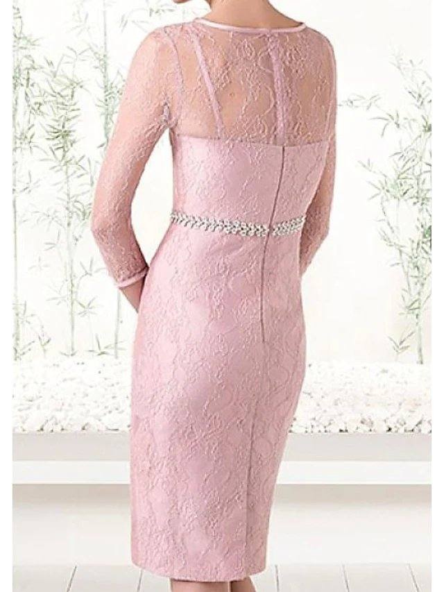 Two Piece Sheath / Column Mother of the Bride Dress Elegant Illusion Neck Jewel Neck Knee Length Chiffon Lace Satin 3/4 Length Sleeve with Lace Sash / Ribbon - RongMoon