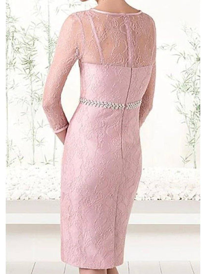 Two Piece Sheath / Column Mother of the Bride Dress Elegant Illusion Neck Jewel Neck Knee Length Chiffon Lace Satin 3/4 Length Sleeve with Lace Sash / Ribbon - RongMoon
