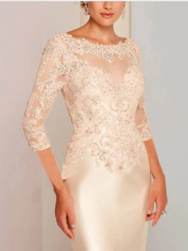 Sheath / Column Mother of the Bride Dress Elegant Jewel Neck Knee Length Charmeuse 3/4 Length Sleeve with Appliques - RongMoon