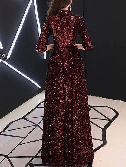 A-Line Minimalist Sparkle Prom Formal Evening Dress Jewel Neck 3/4 Length Sleeve Floor Length Sequined with Sequin Solid - RongMoon