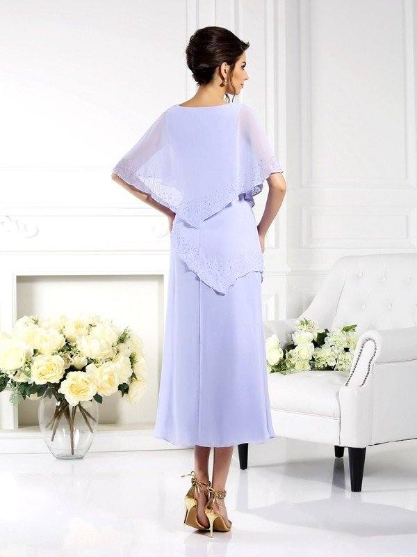 Sheath/Column Bateau 1/2 Sleeves Long Chiffon Mother of the Bride Dresses - RongMoon